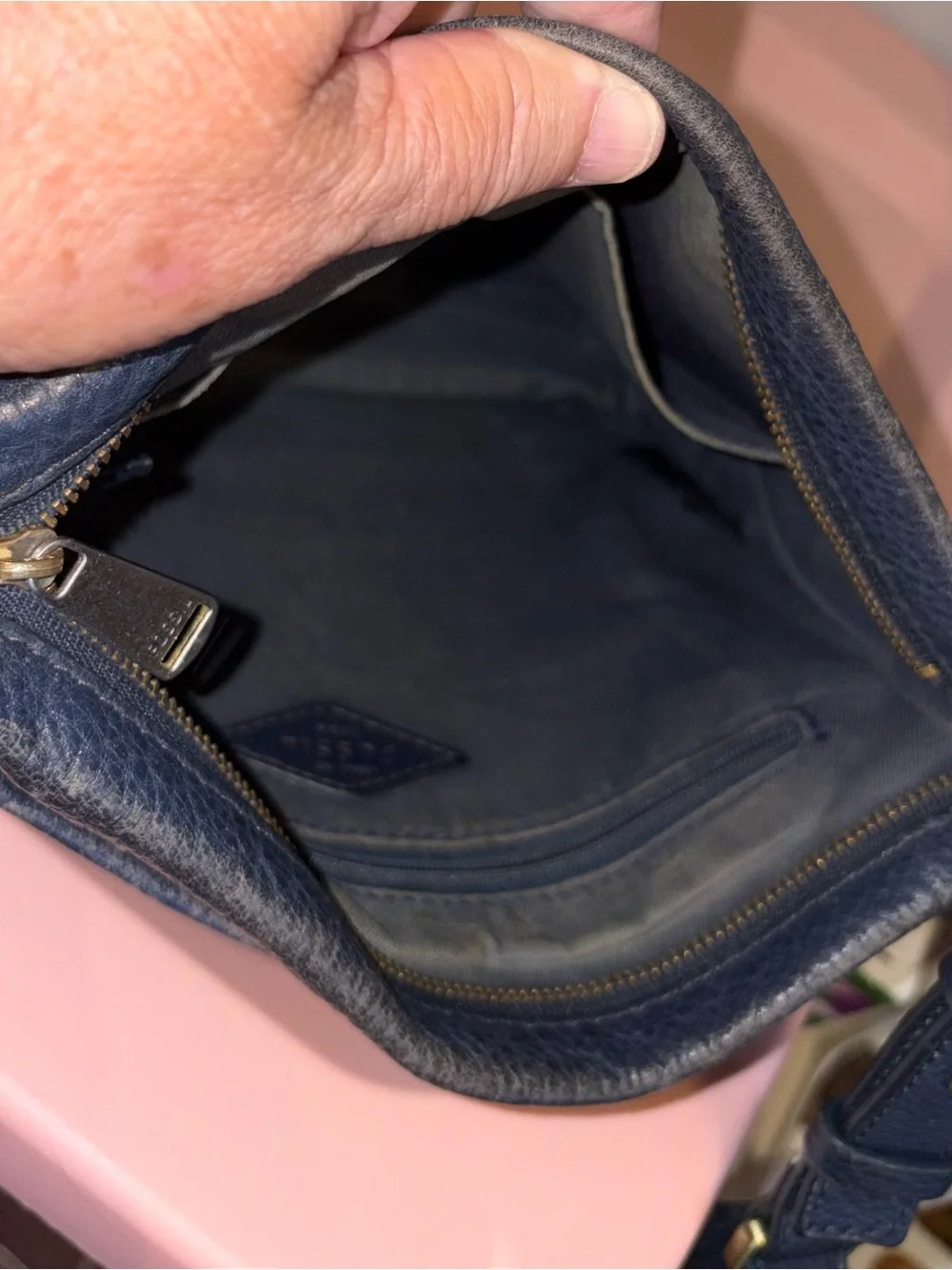 Fossil Dark Blue Pebbled Leather Crossbody Bag